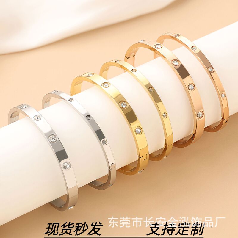 Cross-Border Fashion Titanium Steel Bracelet for Women with Ten Diamonds, Full Stud Clasp, Stainless Steel Bracelet with Full Diamond Studs, Wholesale Jewelry Cross-Border Fashion Titanium Steel Bracelet for Women with Ten Diamonds, Full Stud Clasp, Stainless Steel Bracelet with Full Diamond Studs, Wholesale Jewelry