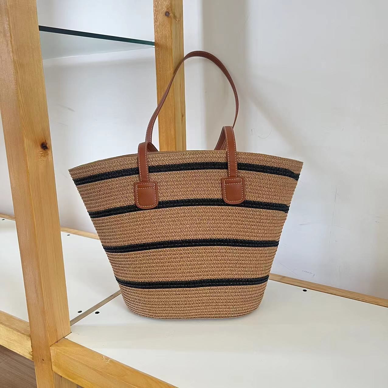 Stylish Striped Woven Shoulder Bag For Women Large Capacity Tote_voghion.com