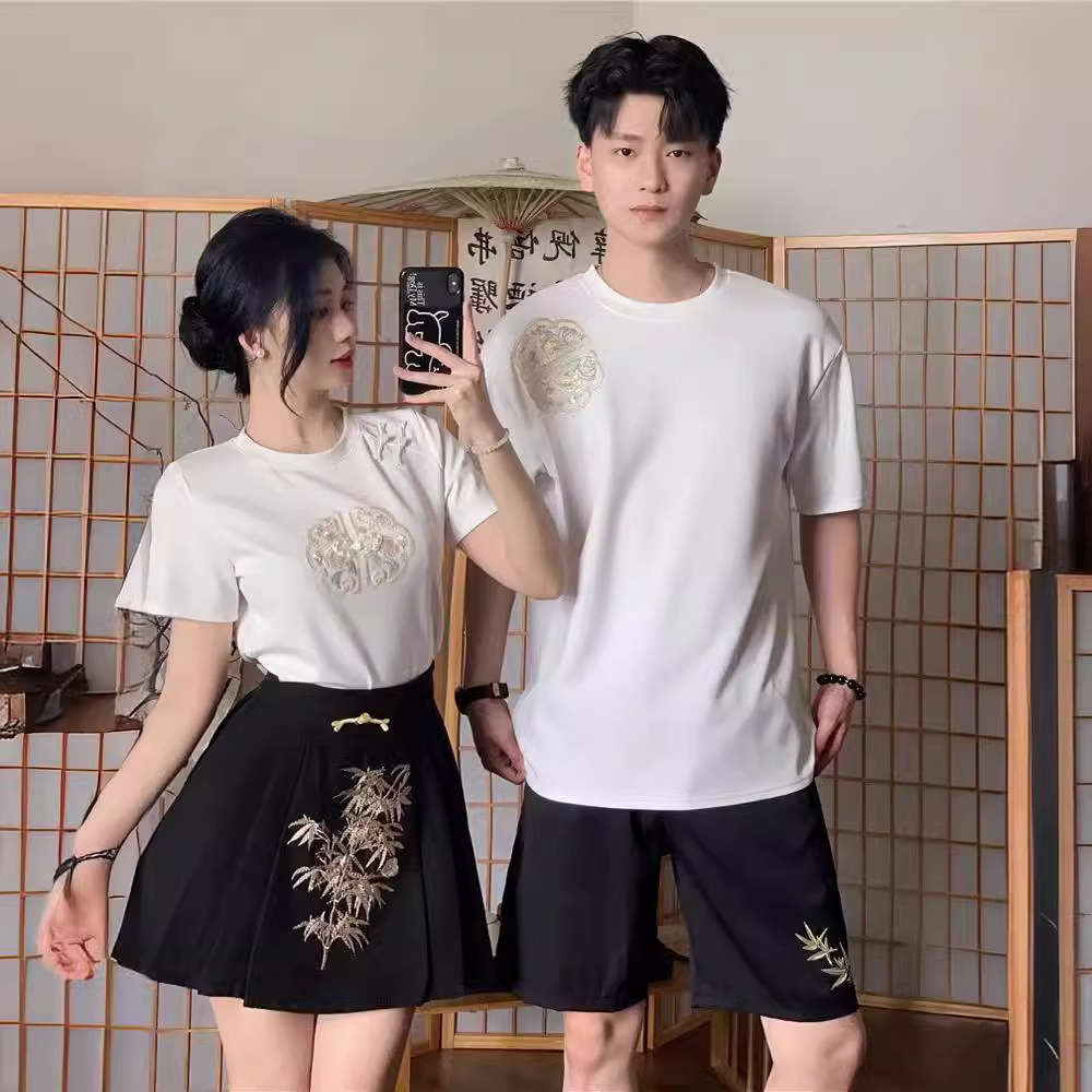 중국 커플 세트 여름 원피스 반팔 티셔츠 국가 스타일 틈새 디자인 2024 새로운 하이 엔드 세트