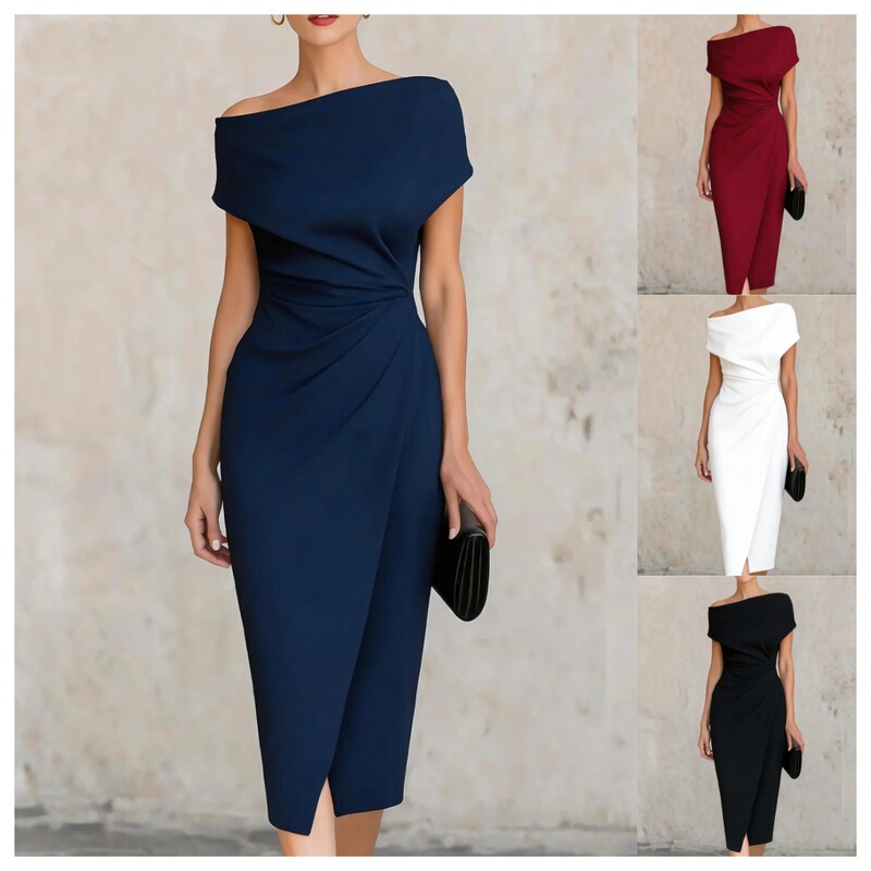 2026 European and American Amazon Independent Site Off-Shoulder Waist-Cinching Ruched Dress for Parties and Work with Slit 2026 European and American Amazon Independent Site Off-Shoulder Waist-Cinching Ruched Dress for Parties and Work with Slit