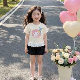 女童短袖短裤T恤夏季新款可爱女孩女宝宝公主风波点短袖两件套潮