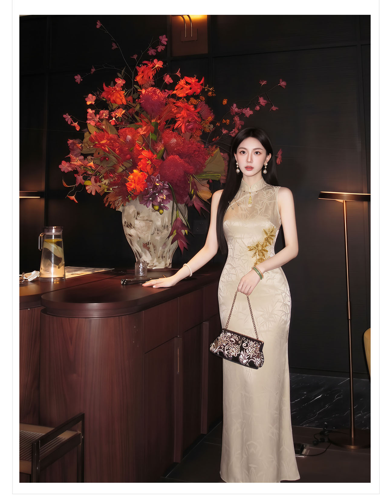 Đầm maxi thắt eo phong cách tân cổ điển họa tiết hoa văn nổi — màu mơ chi tiết 9