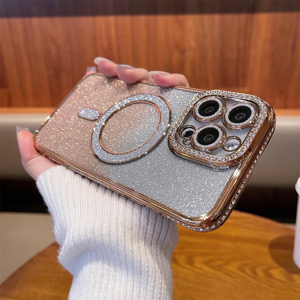 Lujo ligero diamante borde polvo flash absorción magnética para iPhone17PROMAX caso de teléfono móvil de alto nivel sensación de manzana 16 caso