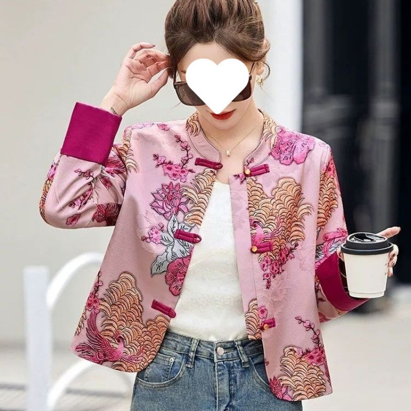 春と秋の女性のための新しい中国風のジャケット、新しいハイエンドの禅スタイルのエレガントなヘビーエンゲルス刺繍ジャカードトップ|undefined