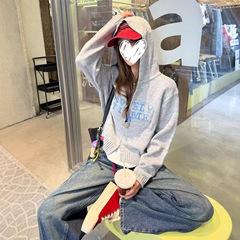 耐看又耐搭设计感灰色字母拉链针织开衫外套女早秋连帽软糯上衣潮
