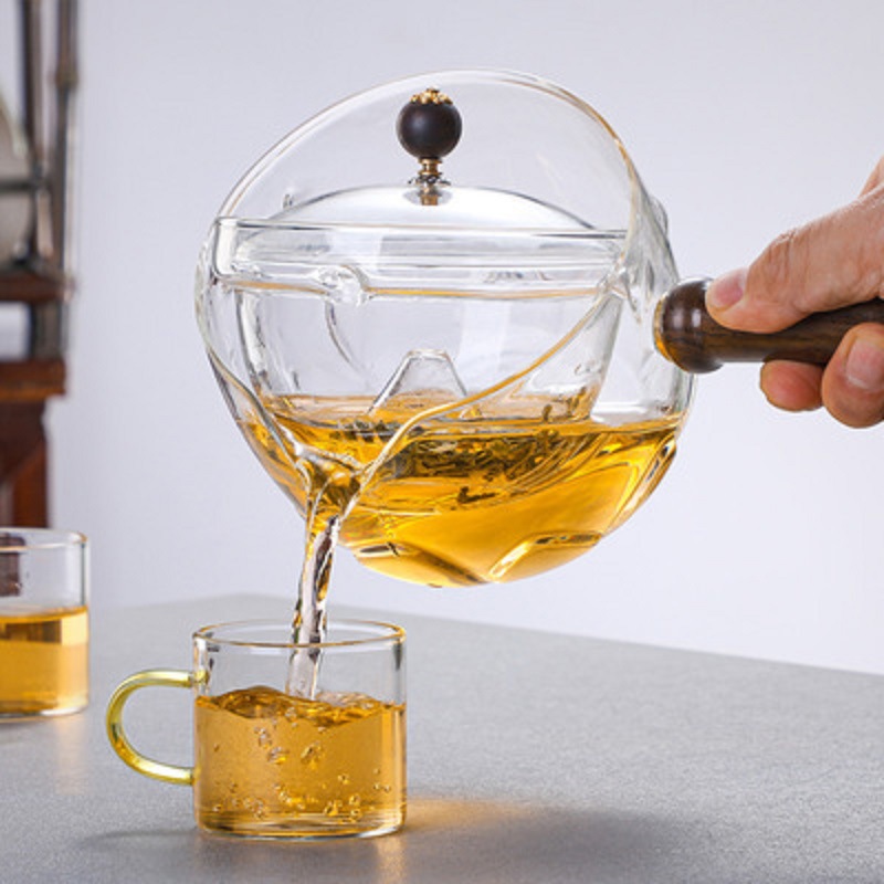 Mango lateral Xiaoyao tetera revestimiento 360 ° rotación vidrio borosilicato esmerilado patrón flor tetera té separador