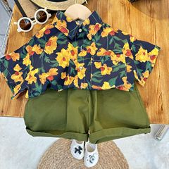 Boys' 2024 Summer Fresh Breathable Comfort Short Sleeve Shirt Korean Style Beach Big Yellow Flower Trendy Children's Casual Fashion Clothing