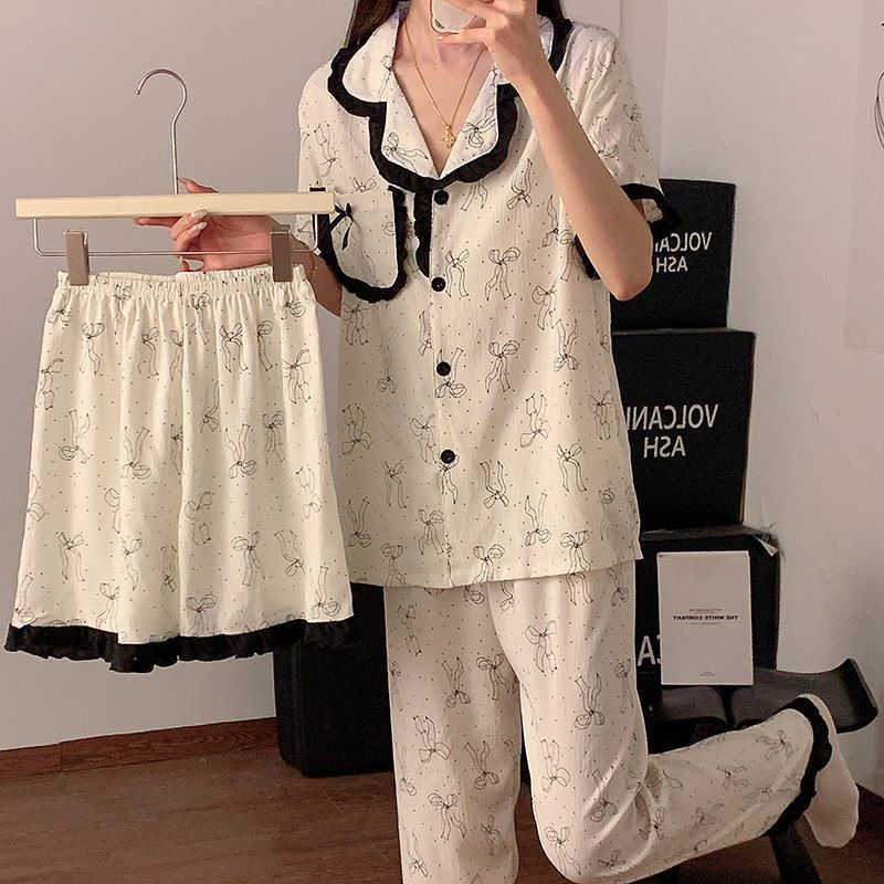 Venta al por mayor transfronteriza de pijamas de tres piezas de verano para mujer, solapa de algodón de encaje, pantalones cortos de manga corta, traje de servicio a domicilio