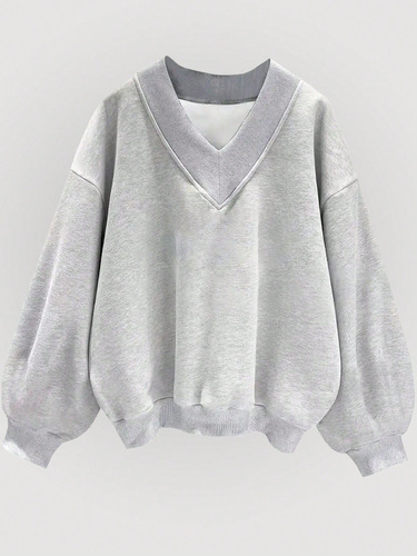 Amazon Cross-Border International Trade Autumn Gray Sweatshirt Short-Sleeve Korean Style Casual Loose V-Neck Top Comfortable Leisure