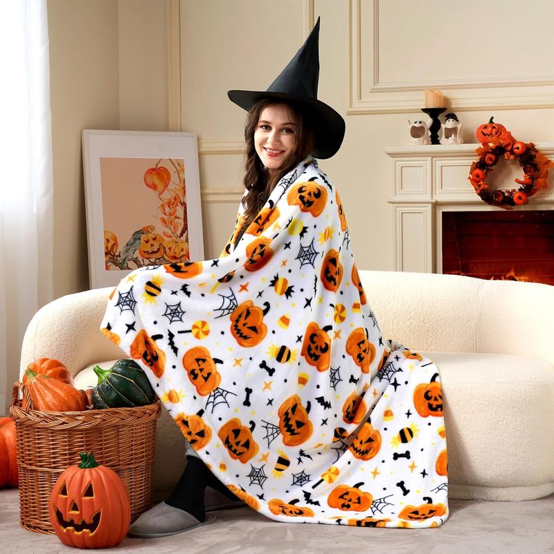 ハロウィーンの毛布柔らかいぬいぐるみのコウモリのカボチャの毛布快適なフランネルの白いハロウィーンのソファベッド|undefined