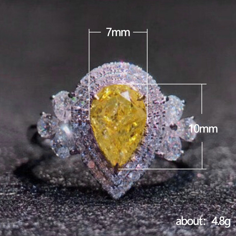 New Luxury Full Diamond Water Drop Pear-shaped Yellow Diamond Zircon Copper Ring display picture 1