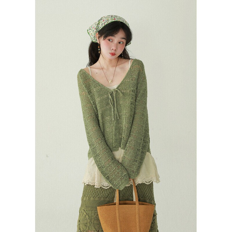 Green V-neck tie-up sun-protective knitted cardigan for women, summer thin air-conditioning shirt, loose outerwear jacket