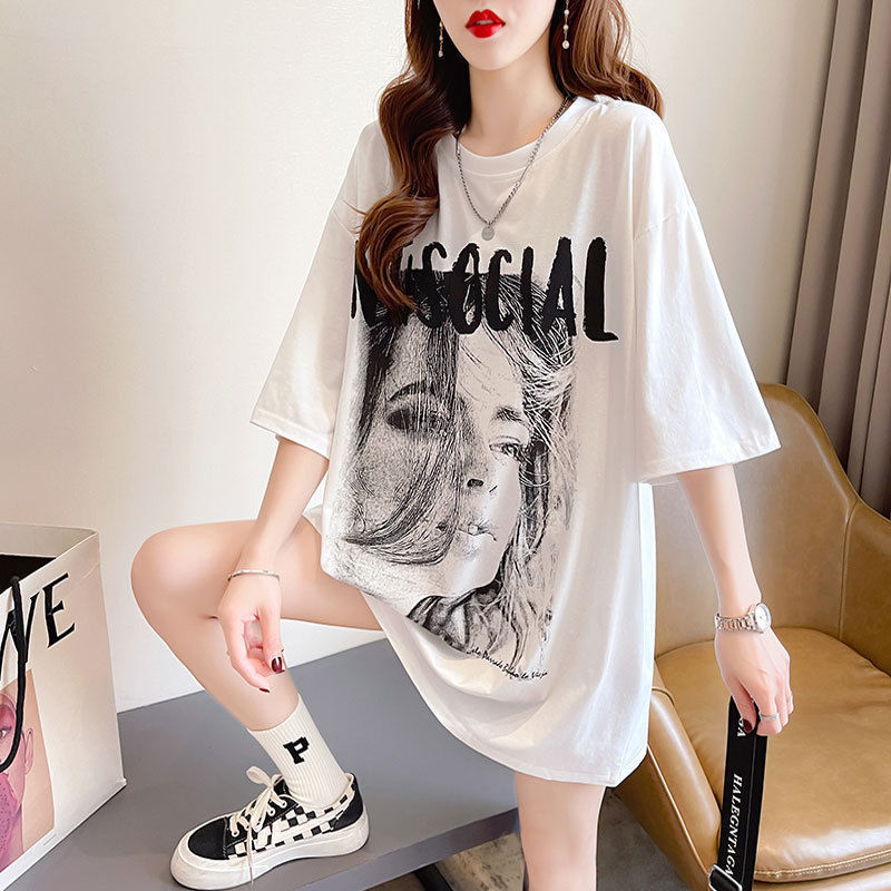 Round Neck Mid-lengTh ShorT-sleeved T-shirT for Women in Summer, VersaTile, Loose, Slimming Look, Belly-covering, Large Size Half-sleeved MaTerniTy Top 100kg
