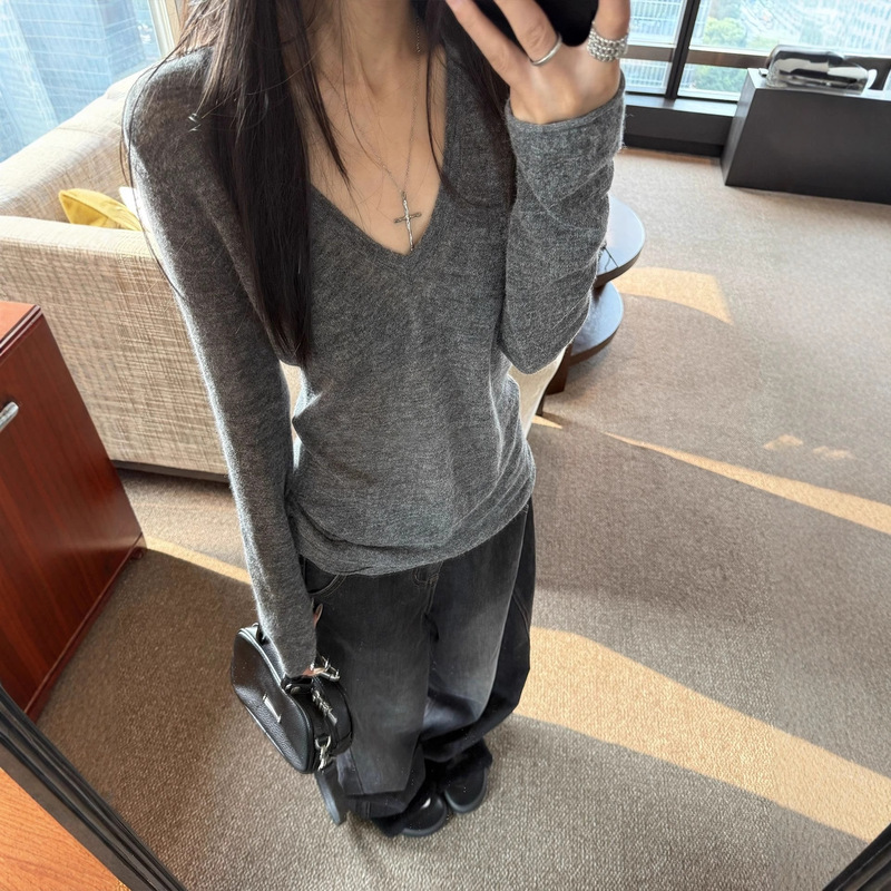 Yolo Shp Gray Alpaca High Proportion Elegant V Neck Versatile Knitted Sweater Slim Bottoming Shirt Top