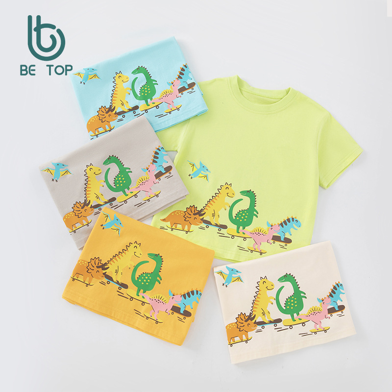 Betop dibujos animados verano niños camiseta de manga corta bebé algodón cuello redondo patineta ropa de dinosaurio