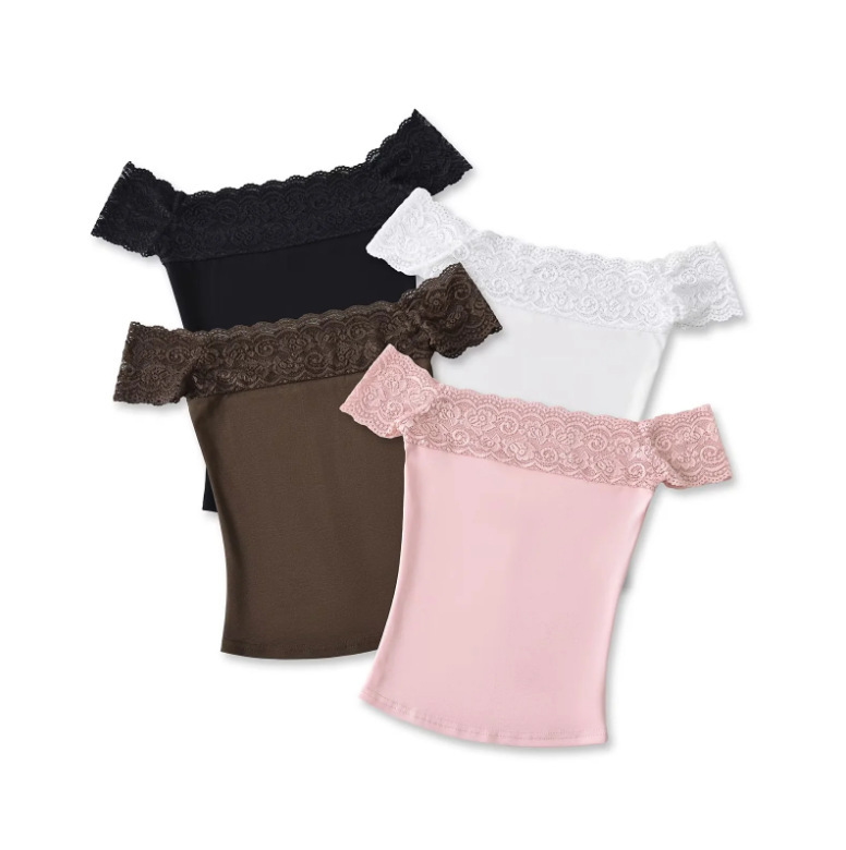 Hot Girl One-Line Collar Off-Shoulder Short-Sleeved T-Shirt 25 Summer New Women's Pure Lust Style Lace Splicing Bottoming Top
