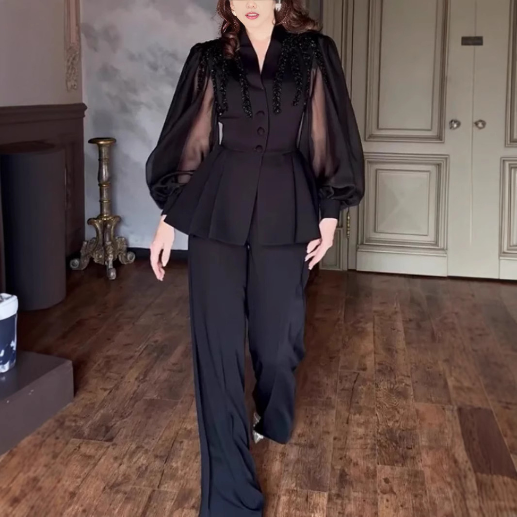 Luxury Rhinestone Jumpsuit – Spring/Summer Elegant One-Piece Pantsuit With Puff Sleeves & High Waist For Women (Black)_ecoleips.com