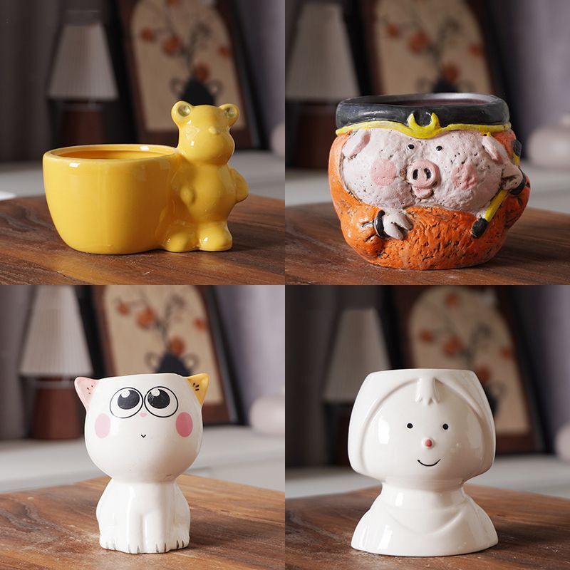 Ceramic Succulent Flower Pots with Cute and Creative Designs Featuring Cartoon Animals and Characters, Simple and Breathable Coarse Pottery for Desktop Decoration Ceramic Succulent Flower Pots with Cute and Creative Designs Featuring Cartoon Animals and Characters, Simple and Breathable Coarse Pottery for Desktop Decoration