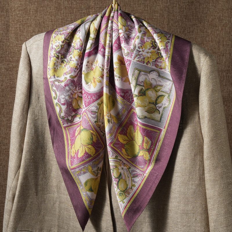 Oil Painting Style Lemon Imitation Silk 70 Small Square Scarf for Women, High-End Fashion Versatile Double-Sided Neck Scarf Shawl