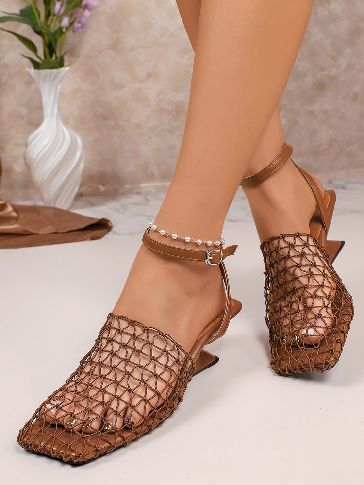 2026 New Brown Mesh Special-shaped Heel Sandals Square Head Buckle Low-heeled Women's Shoes_vogvips.com