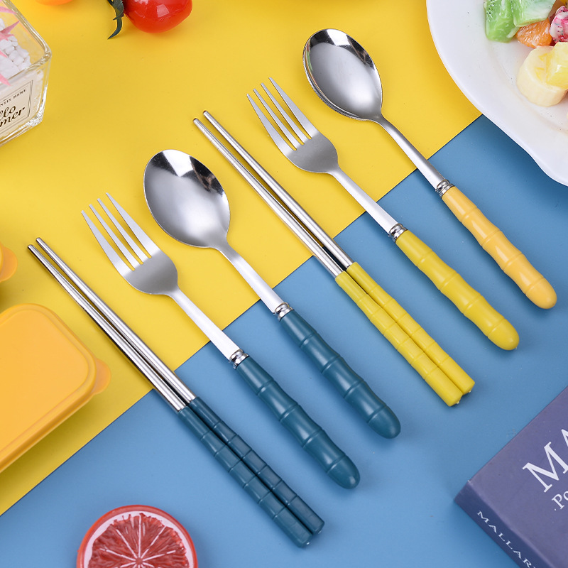 Stainless steel fork, chopsticks, and spoon portable tableware set, student outdoor tableware three-piece set, gift with logo printing
