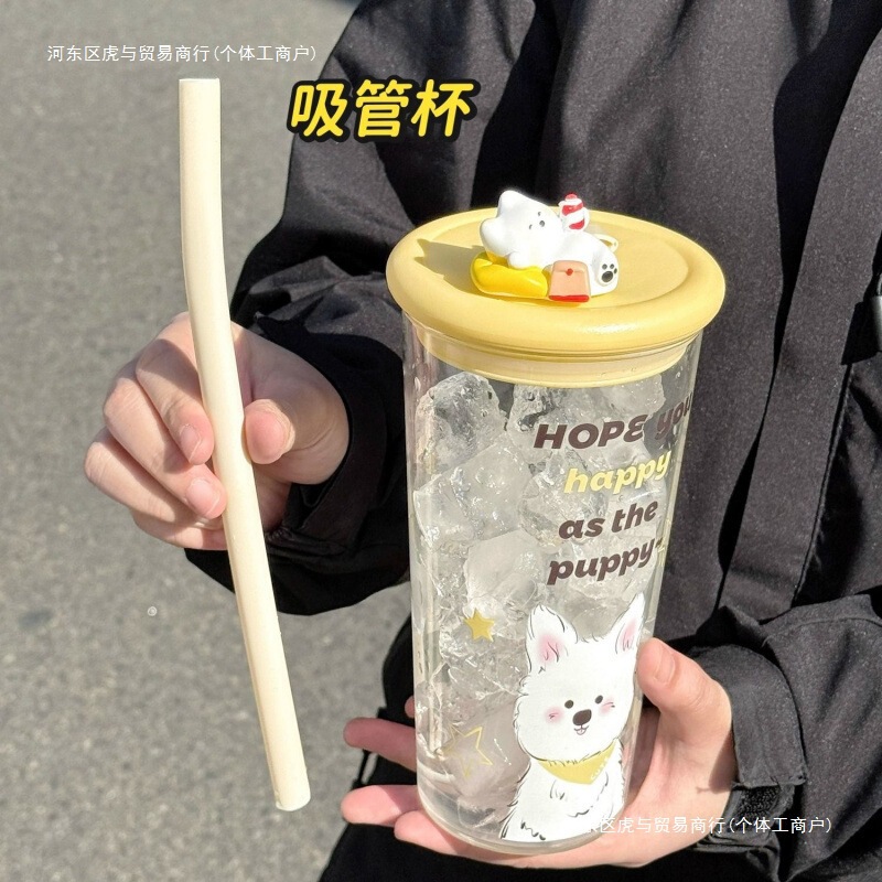 かわいい子犬のグラス大容量2025新型学生高颜値コップストロー付き夏コップ携帯|undefined