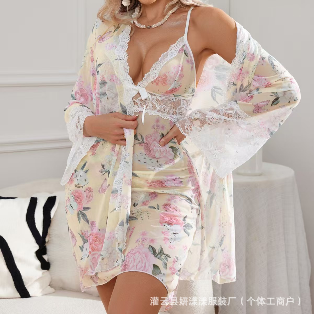 Sexy lingerie, chiffon seductive camisole nightgown, women's summer hot short dress, sexy sleepwear, seductive floral robe