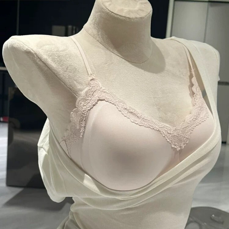 U家舒服蕾细肩带内衣女士薄款无痕聚拢防下垂法式V领蕾丝文胸罩|undefined