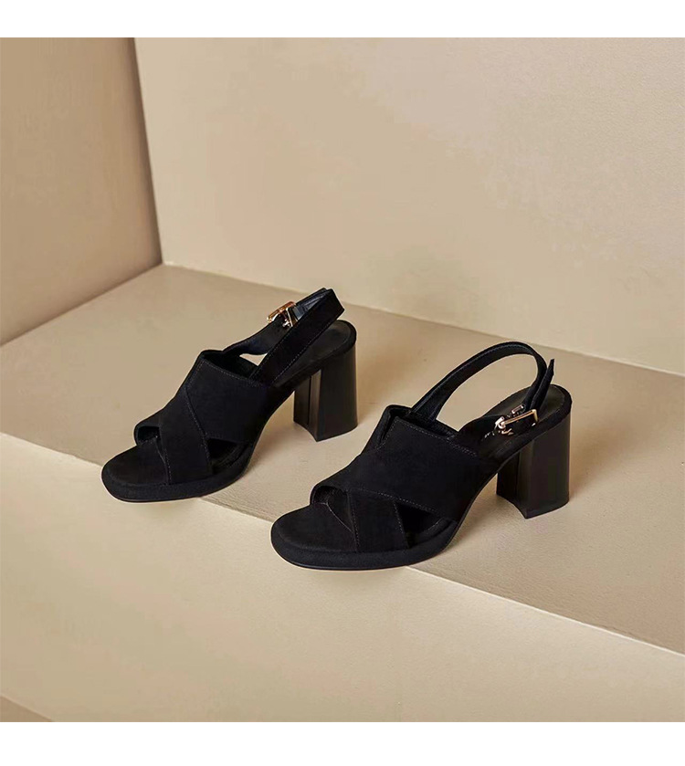 Sandal cao gót da cừu nữ mũi hở gót 7 cm đế dày chống thấm — Màu đen gót 7cm chi tiết 10