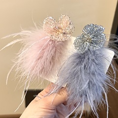 2025雰囲気感毛羽側ヘアピン純欲甘ピンク羽水晶ドリル高級感軽贅沢アヒル口クリップ
