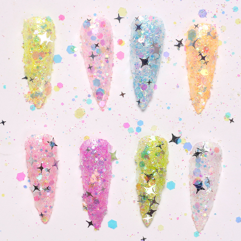 Celebridad de Internet nuevo multicolor clavo estrella flash lentejuelas tamaño mezclado láser brillo uñas lentejuelas joyería en caja