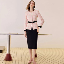 秋冬小香风圆领粉色格子职业女裙套装高级感羊毛拼色显瘦职业正装