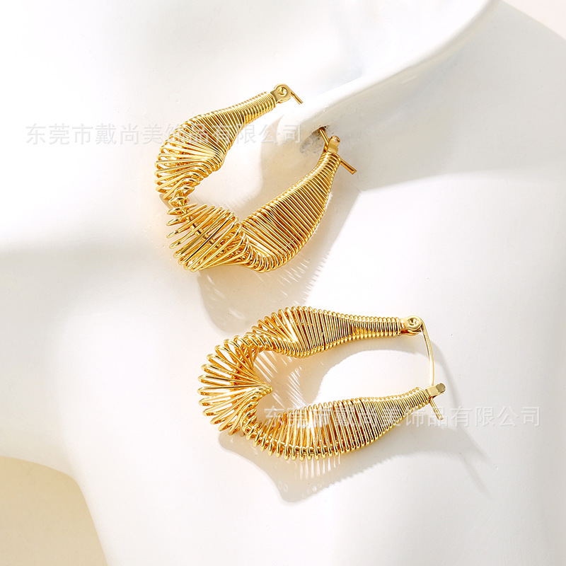 新款ins歐美跨境不鏽鋼耳環18k鍍金誇張扭曲耳扣不掉色女飾品廠家