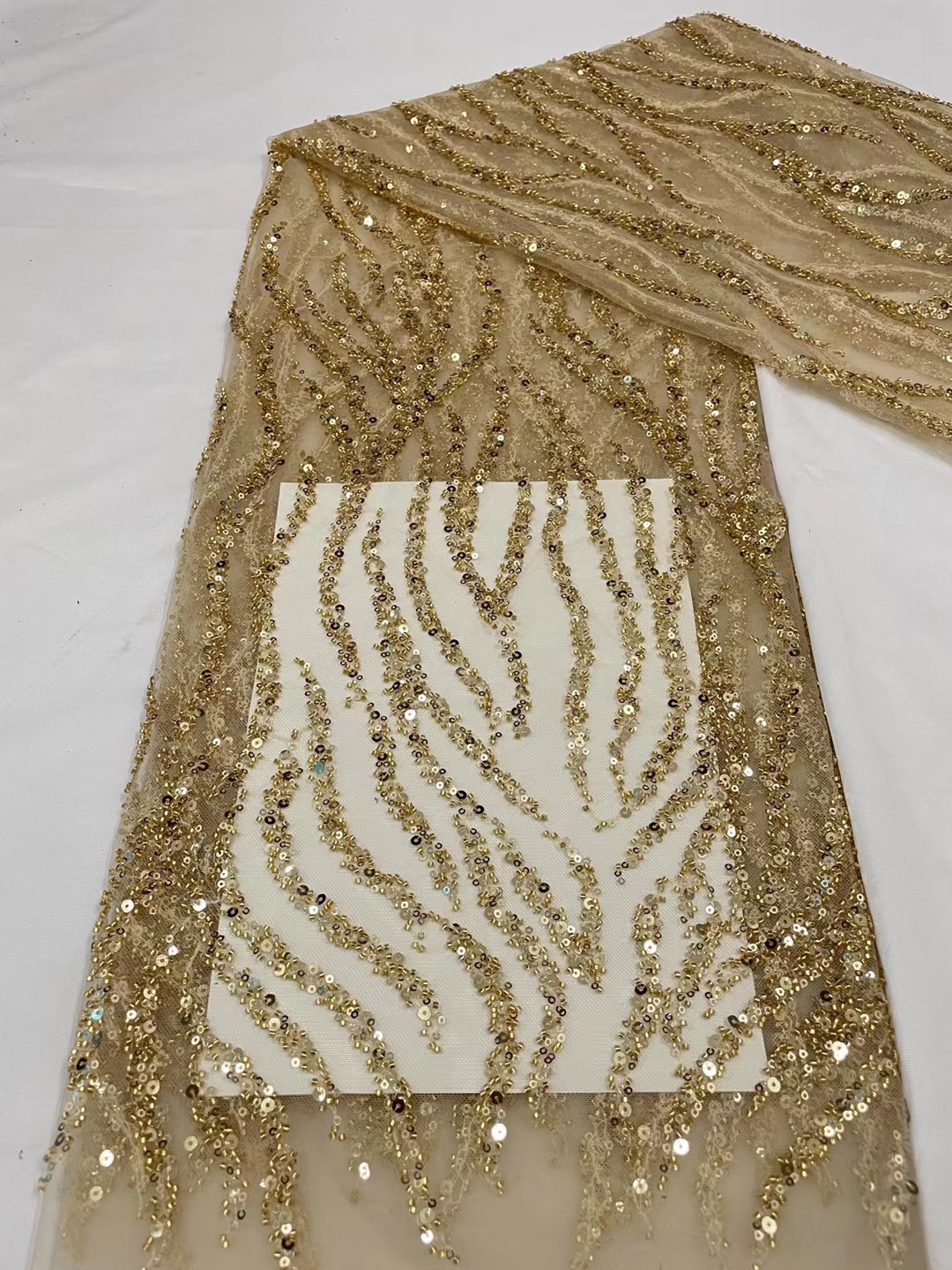 Cristal tubo onda patrón de lentejuelas malla de tela de encaje vestido de novia etapa desgaste moda tela JX2433