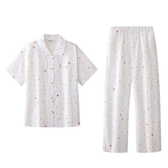2024 New Style Cotton Yarn Pajamas Women's Summer Pure Cotton Home Clothes Simple Lapel Cardigan Short-Sleeved Outwear Home Clothes