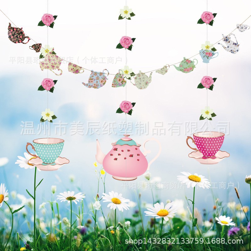 Factory Direct Sales Tea Party Party Set Teapot Hanging Paper Flag Spring Window Kindergarten Party Decoration