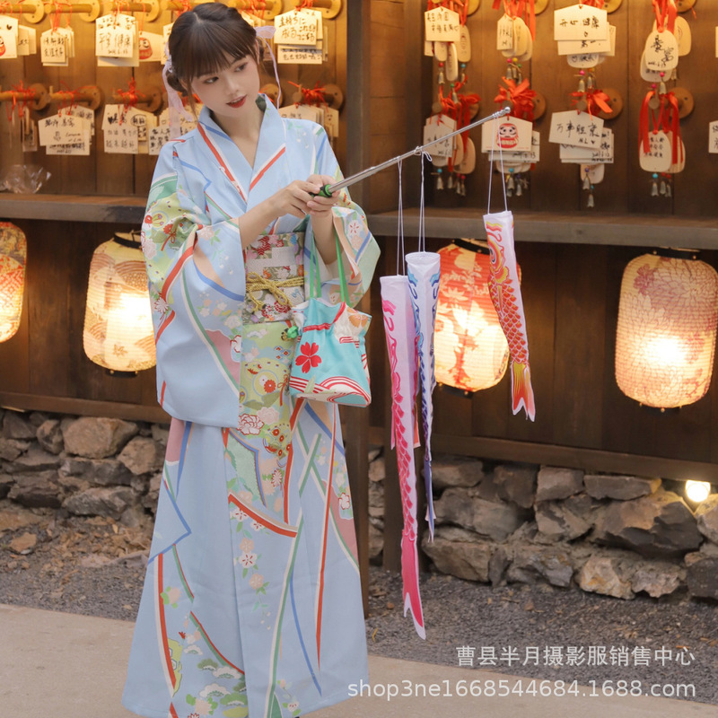 2025 Divine Girl Kimono Autumn Japanese Style Improved Version Japanese Style Light Blue Long Fire Conference Bathrobe Dress