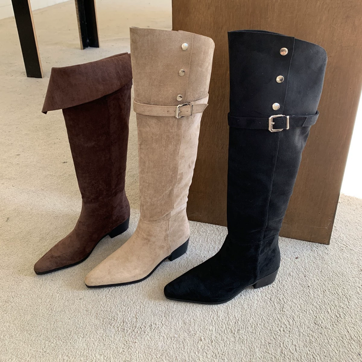 Женские ботфорты на высоком каблуке, осень-зима 2025, новые абрикосовые, утягивающие, квадратный носок, два варианта ношения