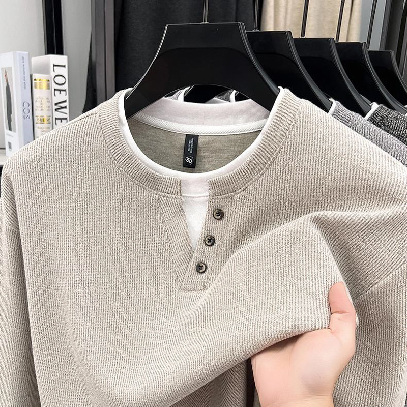 Button-collar old money style faux two-piece sweatshirt for men, autumn and winter fashion, patchwork round-neck long-sleeve T-shirt top, base shirt