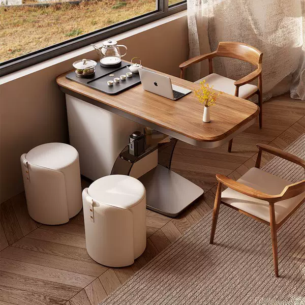 Balcony small apartment tea table and chair set, modern Chinese-style solid wood tea table, one table and five chairs, for home living room tea making