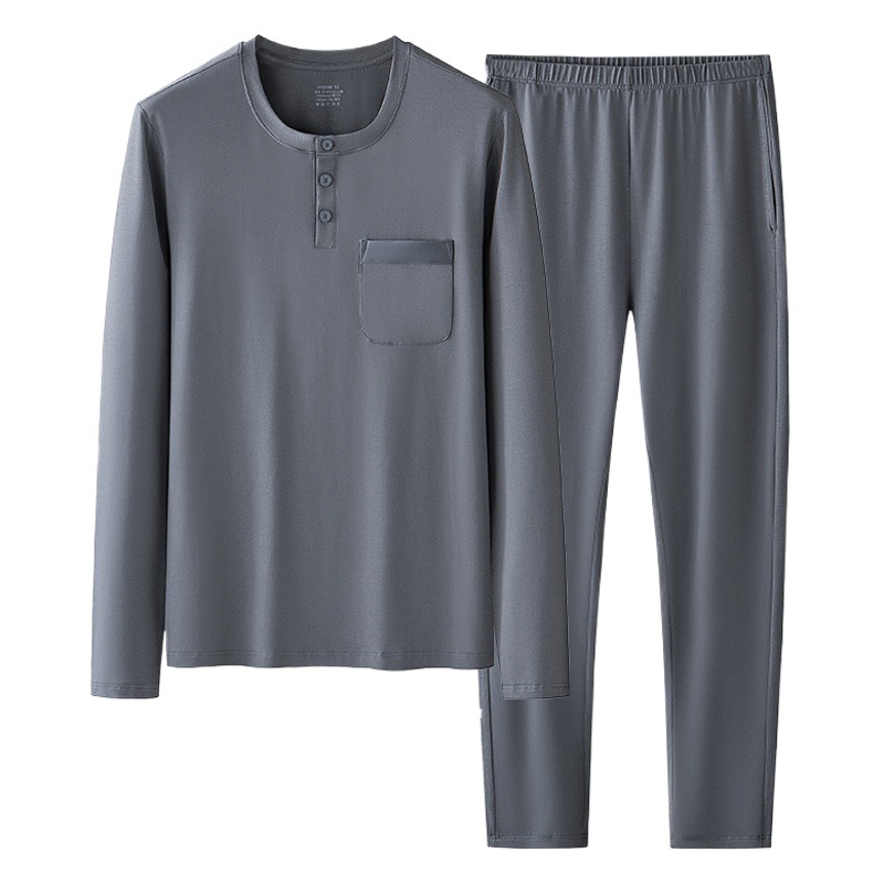 Nuevo conjunto de pijama de hombre de algodón modal con bolsillos, top de manga larga y pantalones largos, color liso, estilo fino, adecuado para salir o estar en casa, en stock.