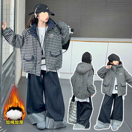 女童格子羽绒棉服2025冬款中大童洋气加厚棉衣加棉面包服连帽棉袄