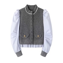 现货2024冬季新款宽松拼接背心假两件泡泡袖针织衫女LF24D41ZM309