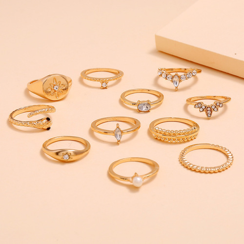 XP17 Foreign trade cross-border retro popular ring set Bomisian fashion Ring geometric metal diamond set for women