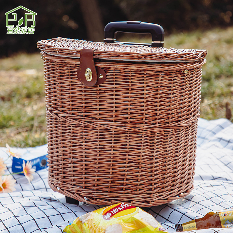 Yiran en stock cesta de almacenamiento de excursión de primavera tipo carro multifuncional caja de comedor al aire libre vajilla de aislamiento con ruedas cesta de picnic de ratán