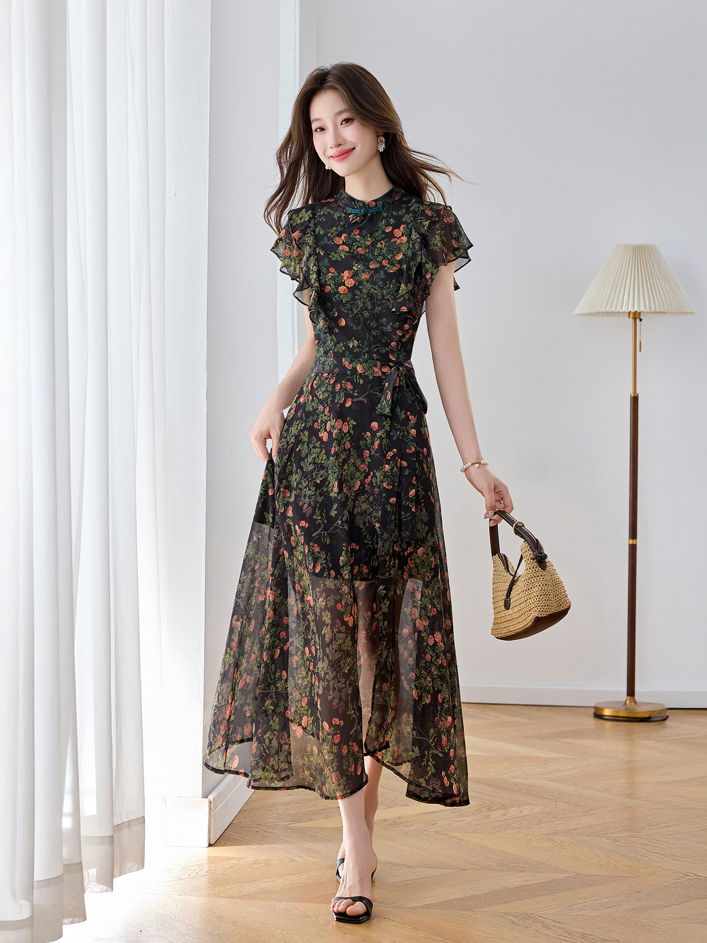 Đầm maxi nữ thắt eo họa tiết hoa nhí hai dây mặc hai kiểu Z5718 — Hoa đỏ, Chấm tròn