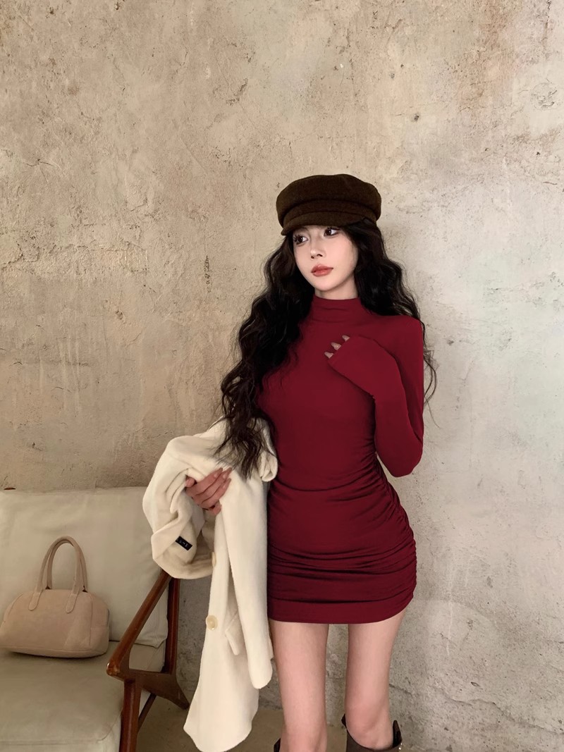 商品详情图_2024新款半高领打底长袖连衣裙女秋冬修身包臀性