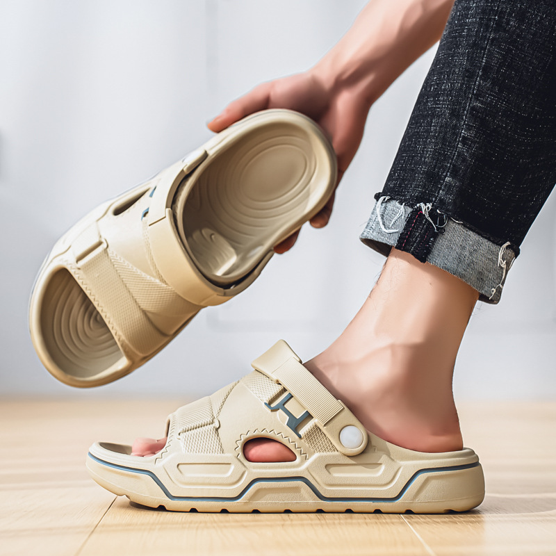 Zapatillas transfronterizas verano nuevo estilo antideslizante de una palabra río arriba zapatos transpirables suela suave dos cinturones sandalias y pantuflas de eva para hombre