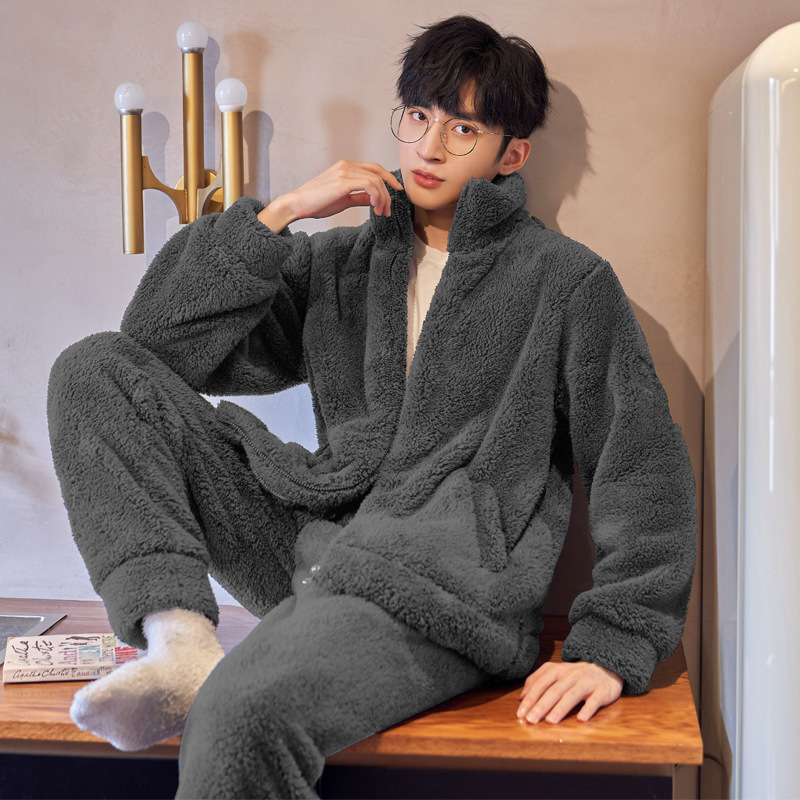 푹신한 남성용 겨울 파자마, 야외에서도 착용 가능한 푹신한 산호벨벳 따뜻한 가디건 지퍼 플란넬 홈웨어 세트