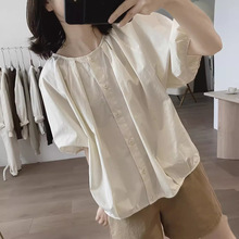灯笼袖衬衫女式夏季新款宽松大码显瘦圆领简约小众设计感棉质上衣